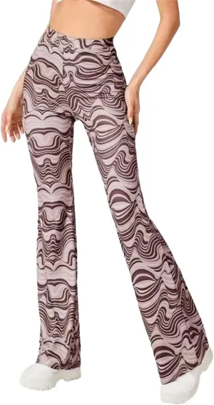 Women High Waist Y2K Printed Elastic Pants Flare Leg Bell Bottom Pants Casual Color Block Trousers 90s Streetwear