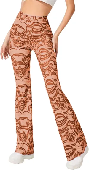 Women High Waist Y2K Printed Elastic Pants Flare Leg Bell Bottom Pants Casual Color Block Trousers 90s Streetwear