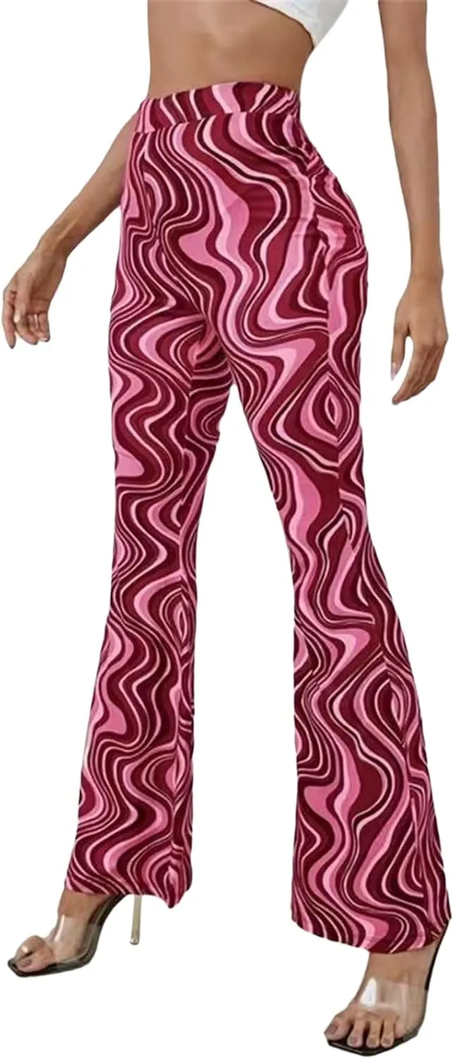 Women High Waist Y2K Printed Elastic Pants Flare Leg Bell Bottom Pants Casual Color Block Trousers 90s Streetwear