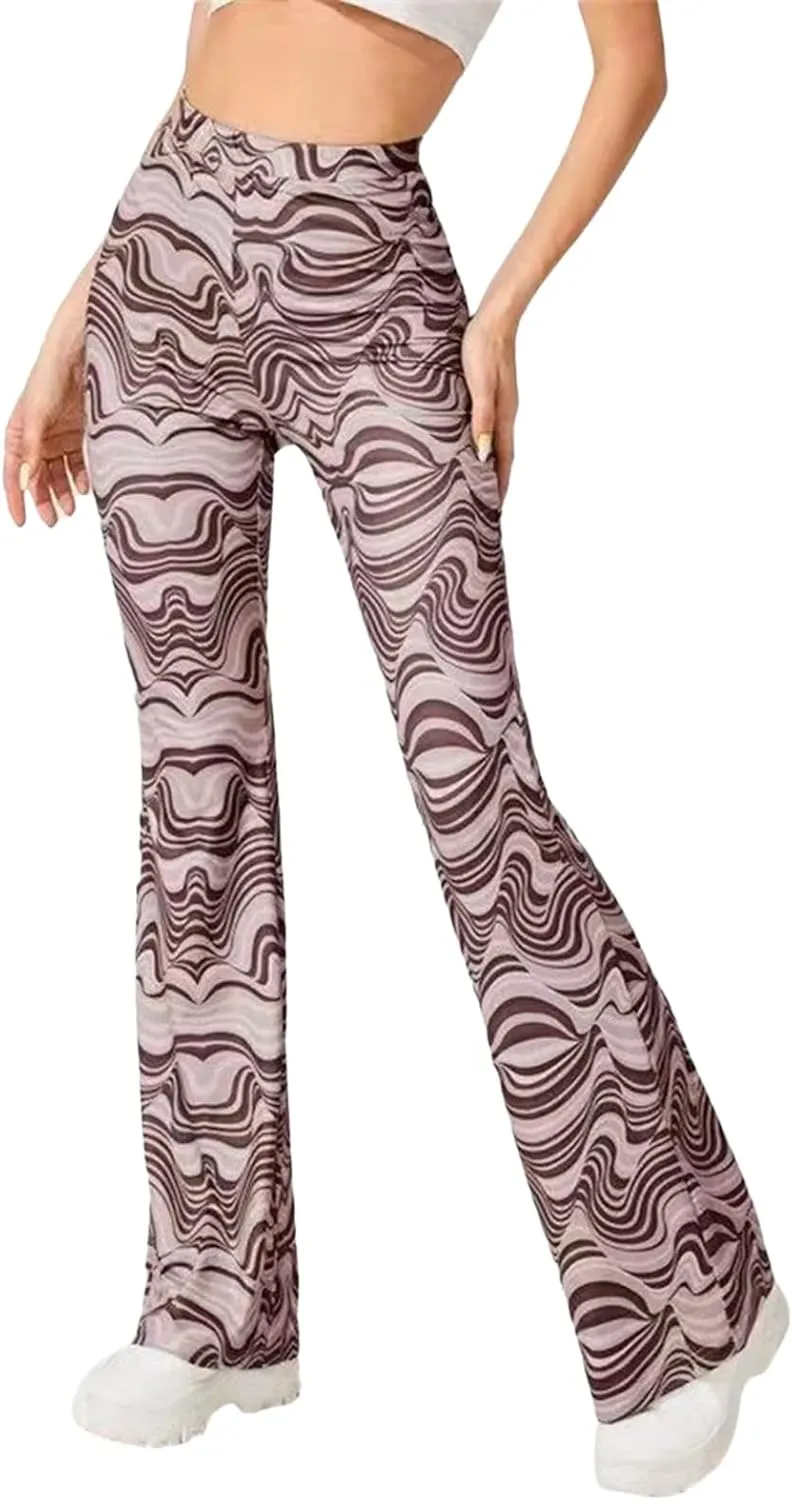 Women High Waist Y2K Printed Elastic Pants Flare Leg Bell Bottom Pants Casual Color Block Trousers 90s Streetwear