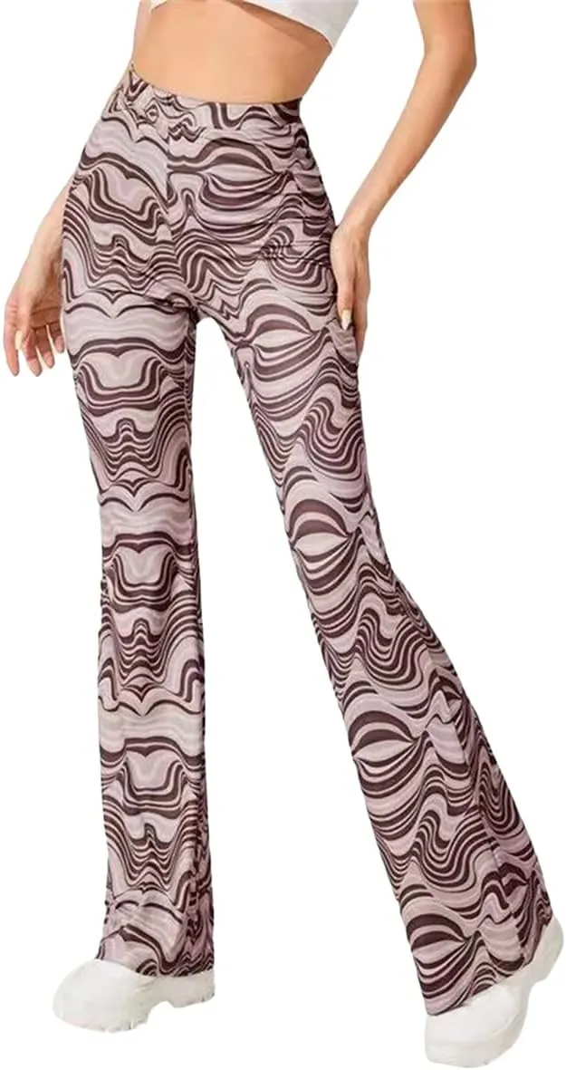 Women High Waist Y2K Printed Elastic Pants Flare Leg Bell Bottom Pants Casual Color Block Trousers 90s Streetwear