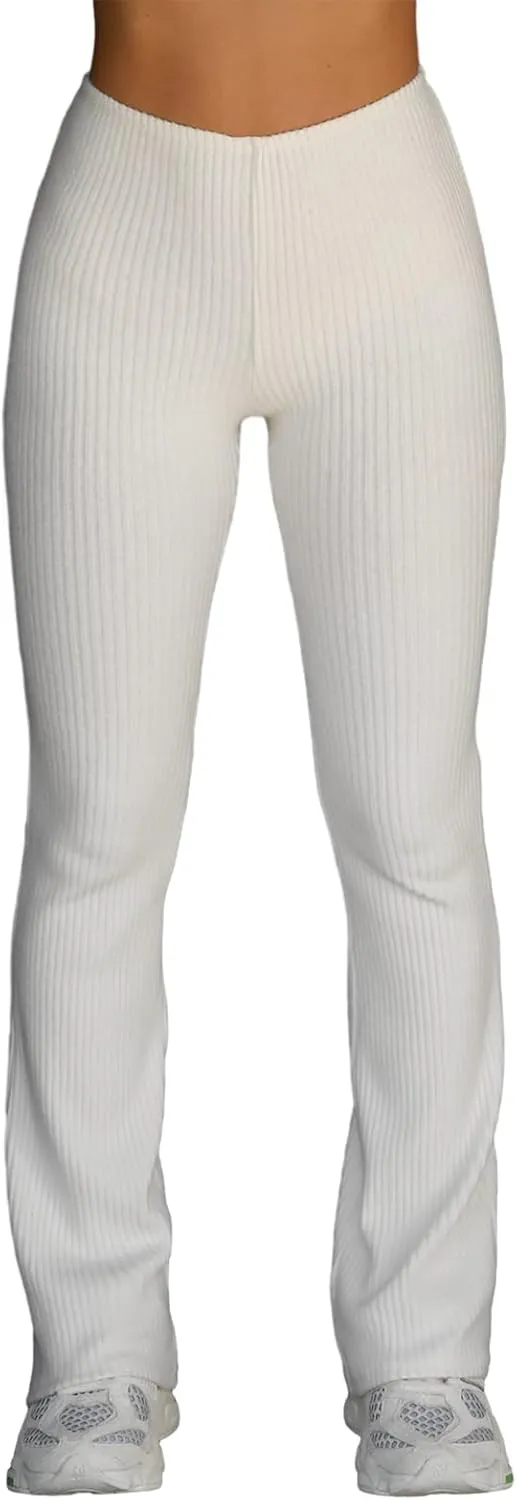 Women Knit Ribbed High Waist Flared Pants Casual Solid Color Bell Bottoms Elastic Stretchy Yoga Trousers