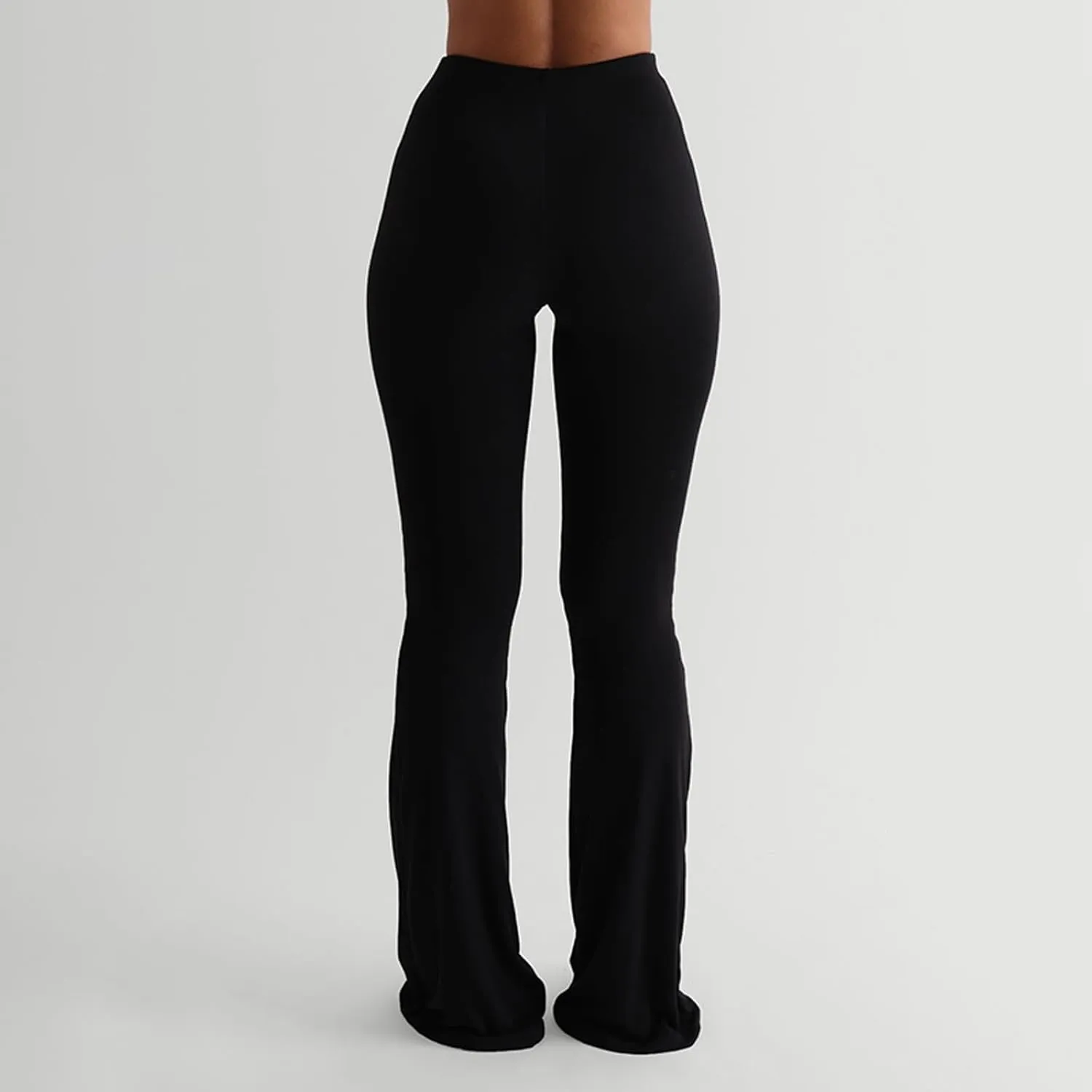 Women Knit Ribbed High Waist Flared Pants Casual Solid Color Bell Bottoms Elastic Stretchy Yoga Trousers