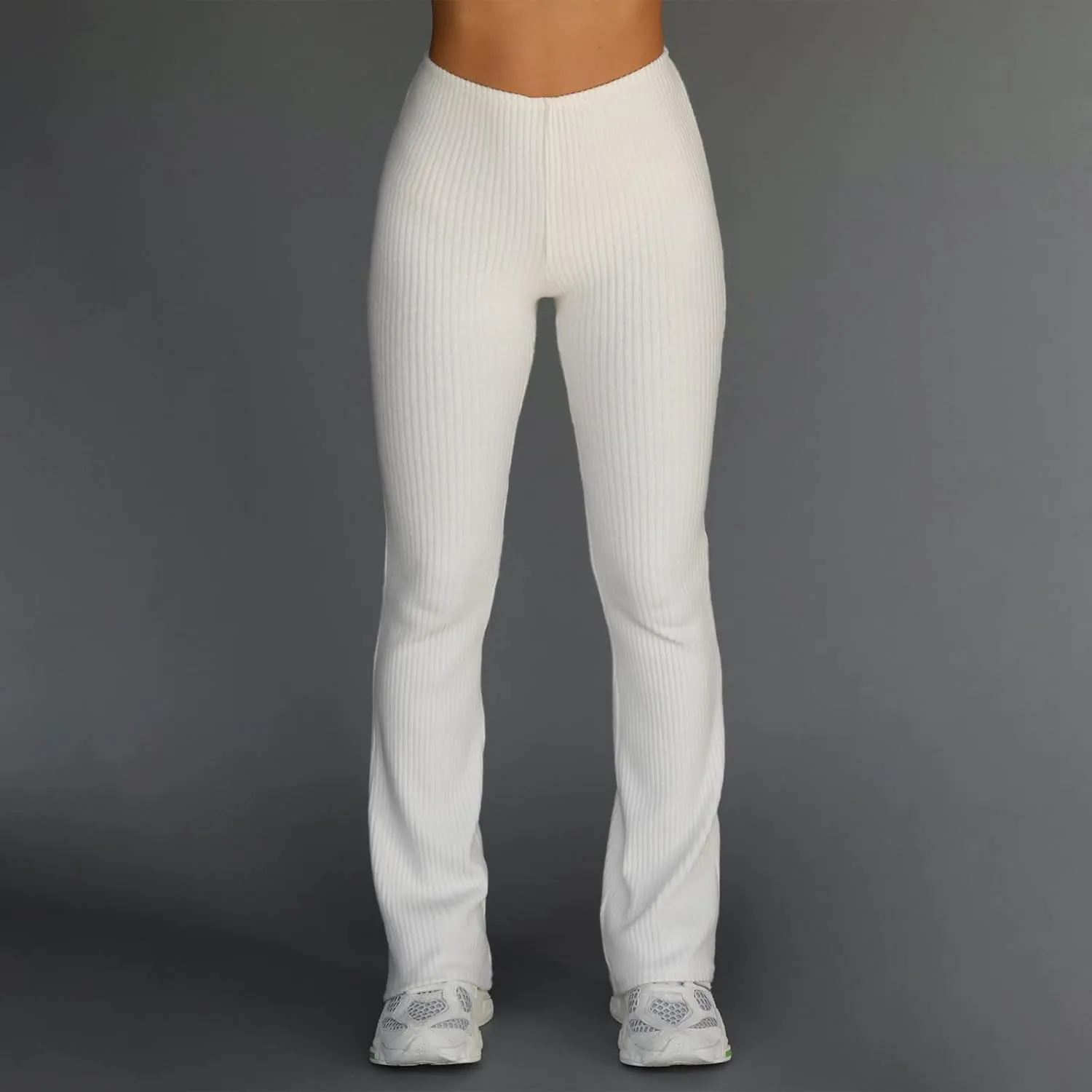 Women Knit Ribbed High Waist Flared Pants Casual Solid Color Bell Bottoms Elastic Stretchy Yoga Trousers