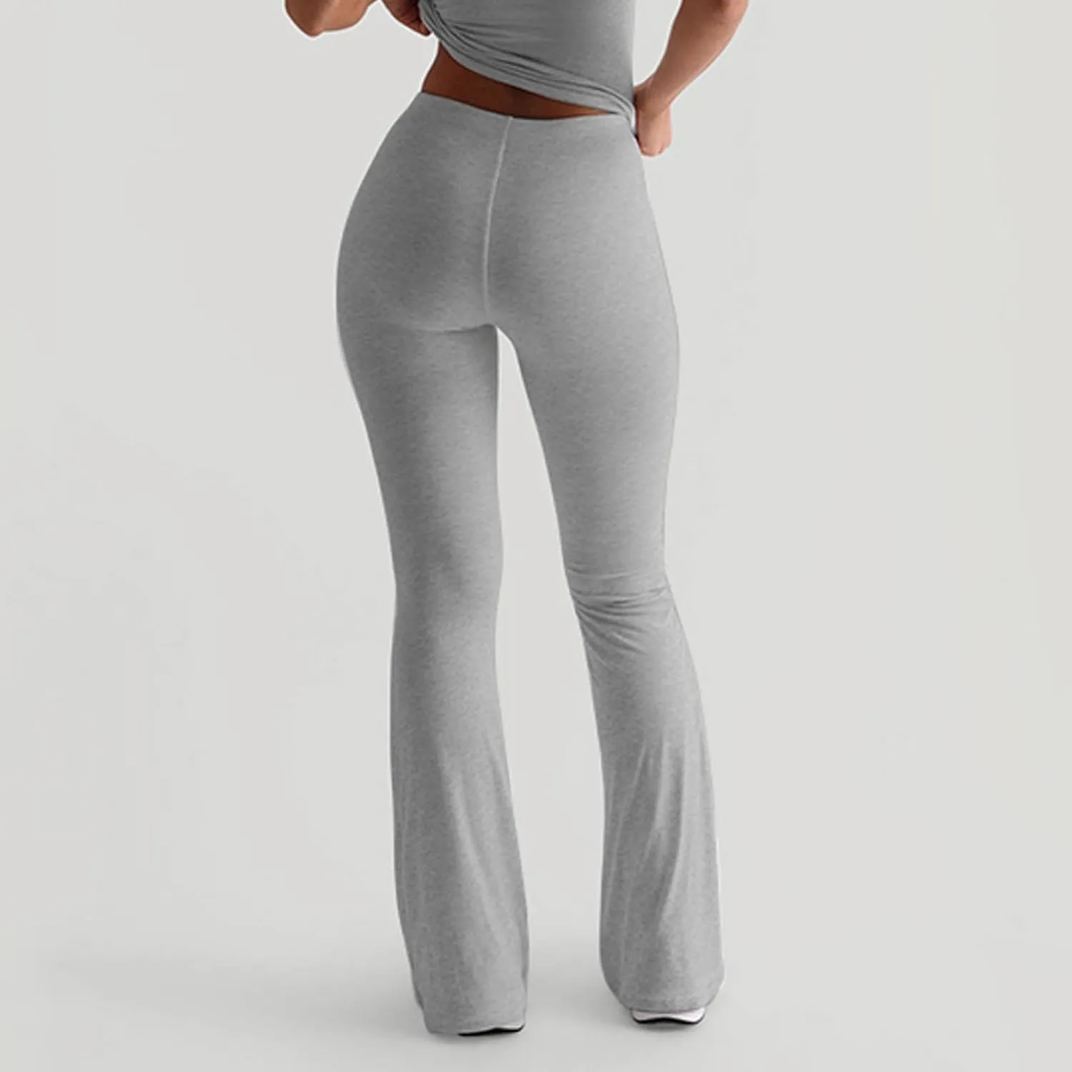 Women Knit Ribbed High Waist Flared Pants Casual Solid Color Bell Bottoms Elastic Stretchy Yoga Trousers