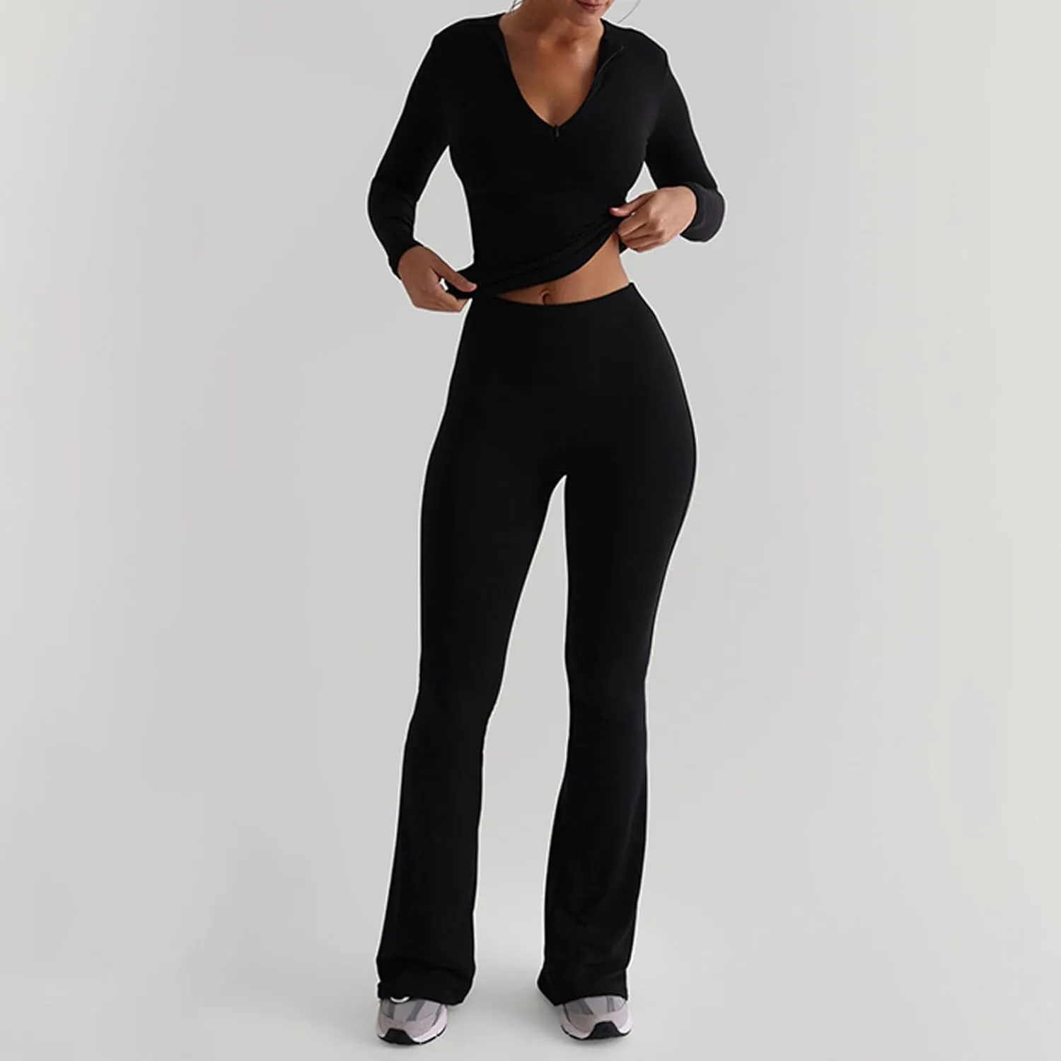 Women Knit Ribbed High Waist Flared Pants Casual Solid Color Bell Bottoms Elastic Stretchy Yoga Trousers