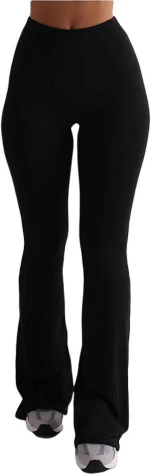 Women Knit Ribbed High Waist Flared Pants Casual Solid Color Bell Bottoms Elastic Stretchy Yoga Trousers