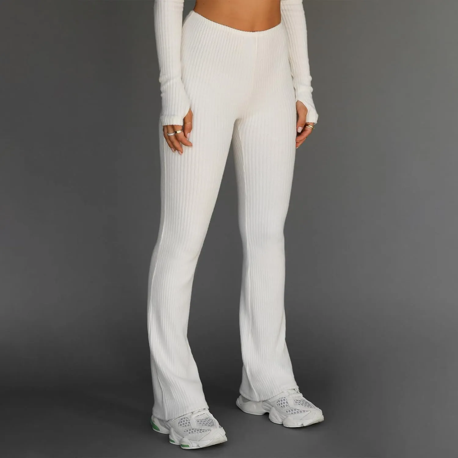 Women Knit Ribbed High Waist Flared Pants Casual Solid Color Bell Bottoms Elastic Stretchy Yoga Trousers