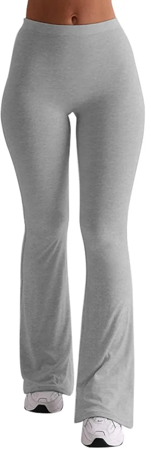 Women Knit Ribbed High Waist Flared Pants Casual Solid Color Bell Bottoms Elastic Stretchy Yoga Trousers