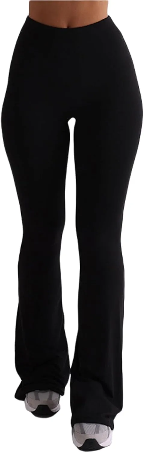 Women Knit Ribbed High Waist Flared Pants Casual Solid Color Bell Bottoms Elastic Stretchy Yoga Trousers