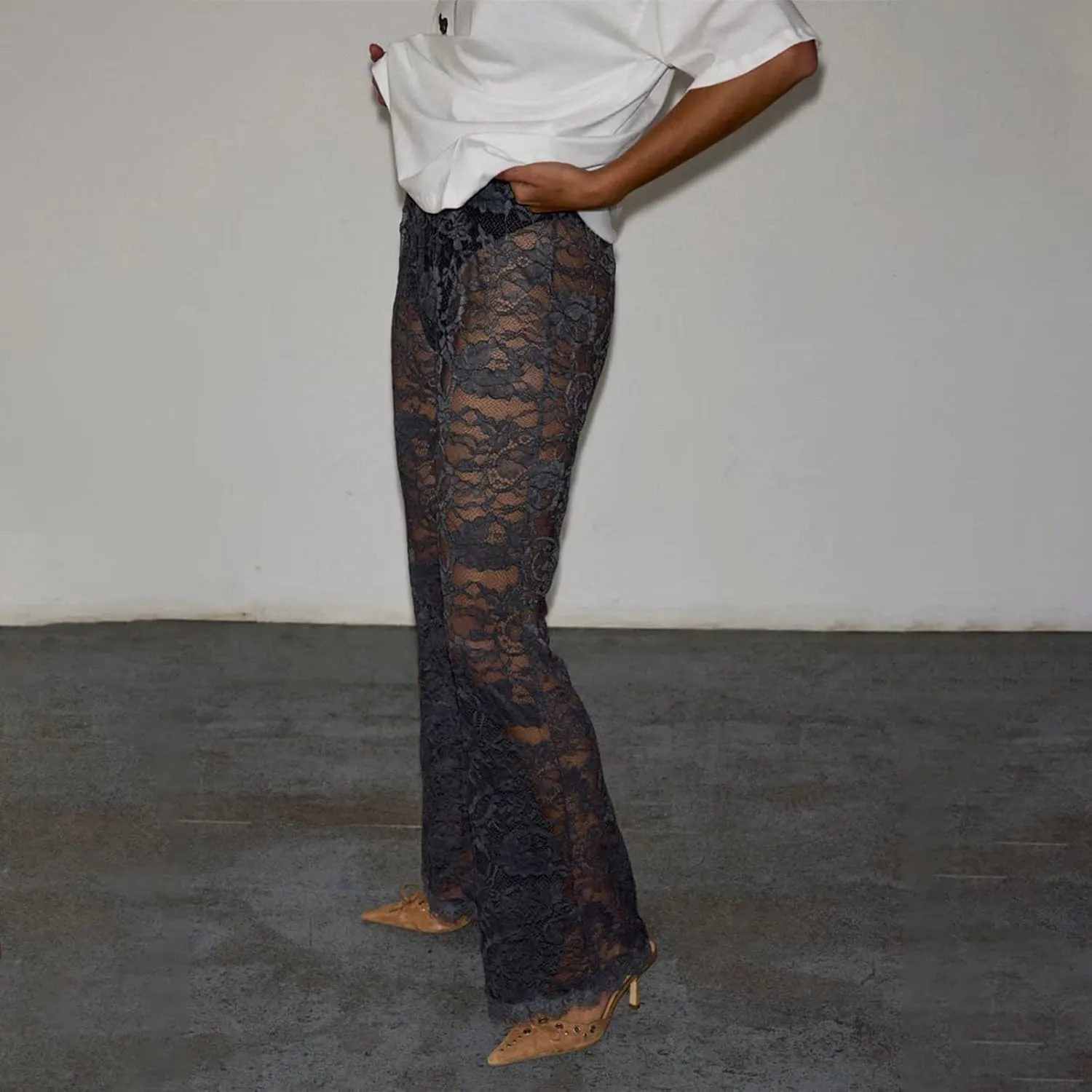 Women Lace Bell Bottom Pants Sexy Floral Lace Pants High Waist See Through Sheer Mesh Leggings Trousers