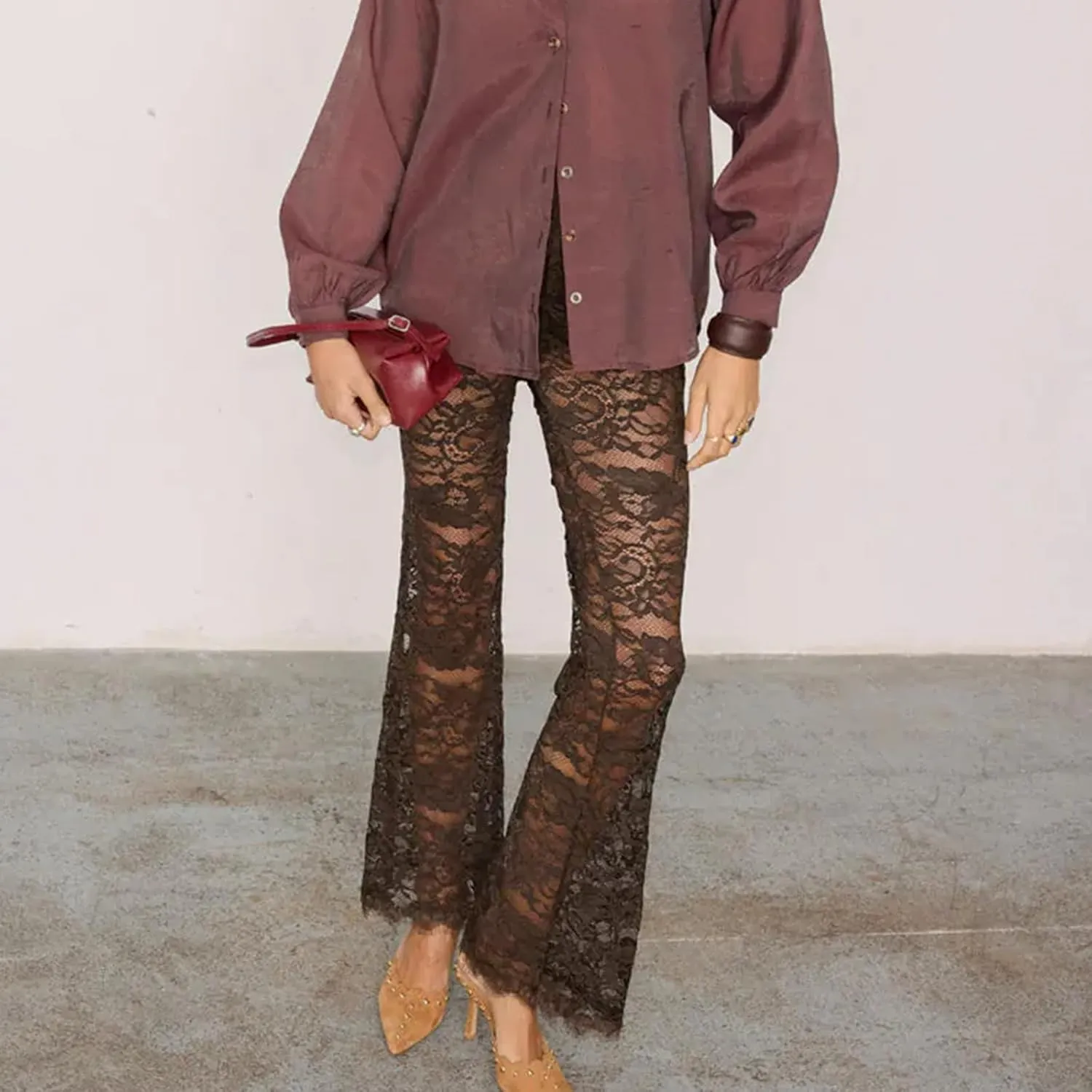 Women Lace Bell Bottom Pants Sexy Floral Lace Pants High Waist See Through Sheer Mesh Leggings Trousers