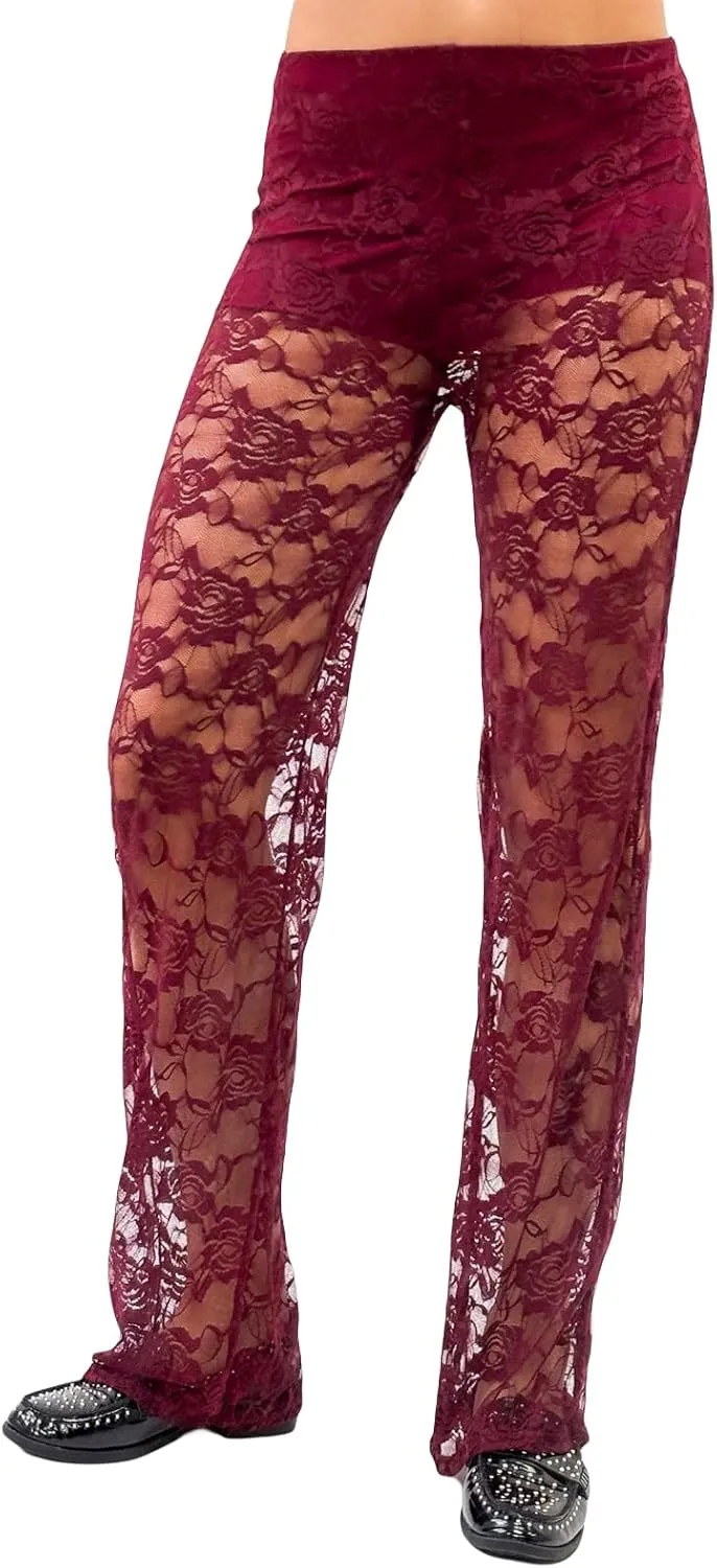 Women Lace Bell Bottom Pants Sexy Floral Lace Pants High Waist See Through Sheer Mesh Leggings Trousers