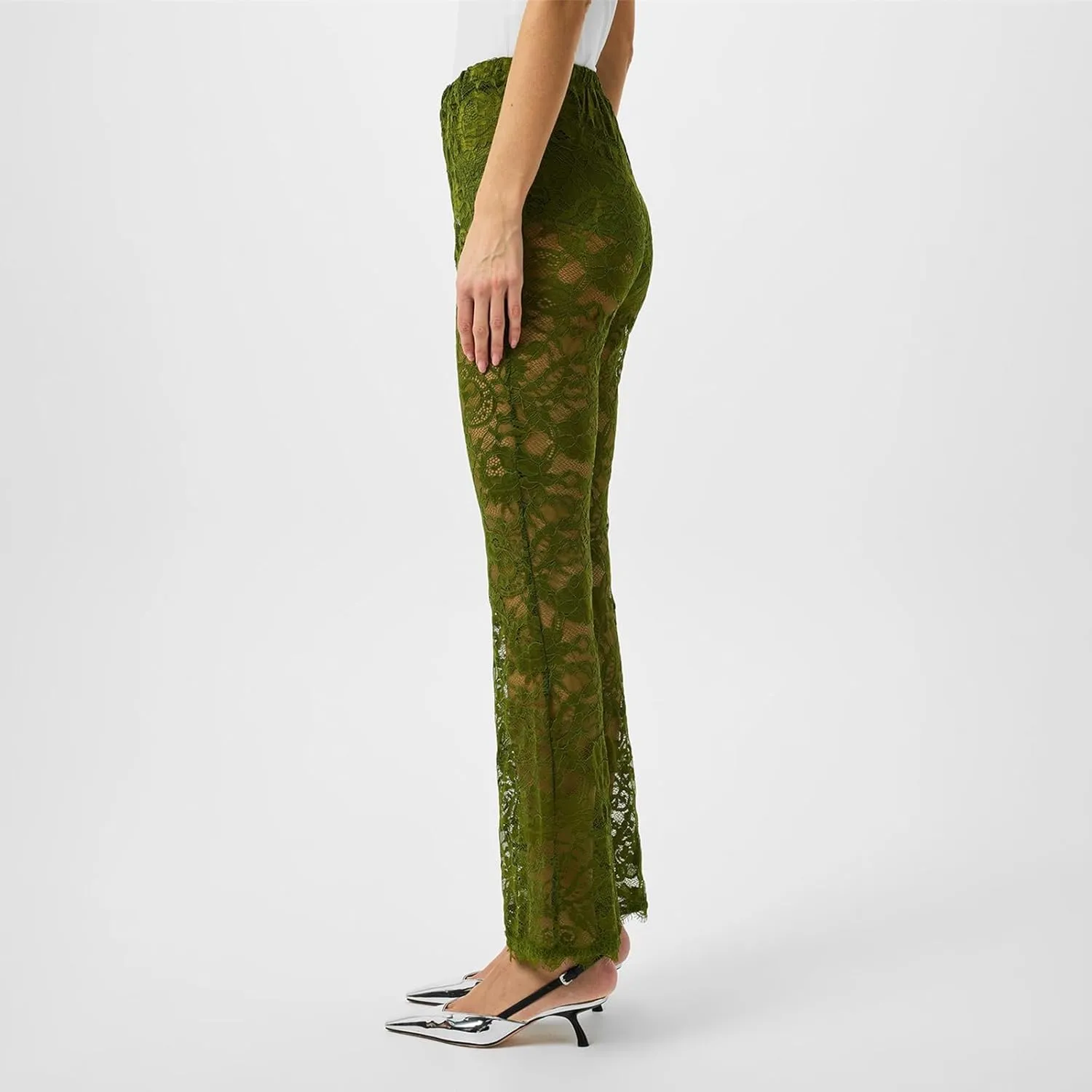 Women Lace Bell Bottom Pants Sexy Floral Lace Pants High Waist See Through Sheer Mesh Leggings Trousers