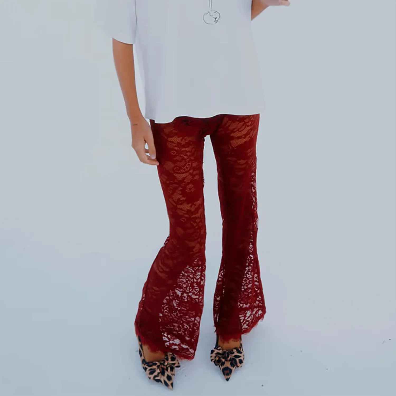 Women Lace Bell Bottom Pants Sexy Floral Lace Pants High Waist See Through Sheer Mesh Leggings Trousers