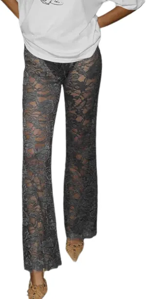 Women Lace Bell Bottom Pants Sexy Floral Lace Pants High Waist See Through Sheer Mesh Leggings Trousers
