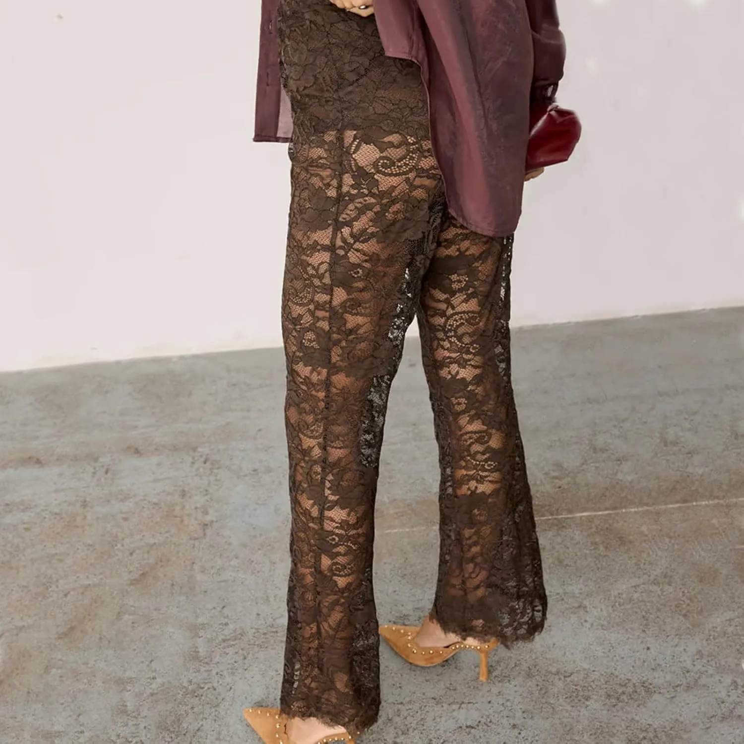 Women Lace Bell Bottom Pants Sexy Floral Lace Pants High Waist See Through Sheer Mesh Leggings Trousers