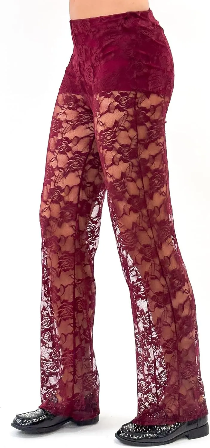 Women Lace Bell Bottom Pants Sexy Floral Lace Pants High Waist See Through Sheer Mesh Leggings Trousers