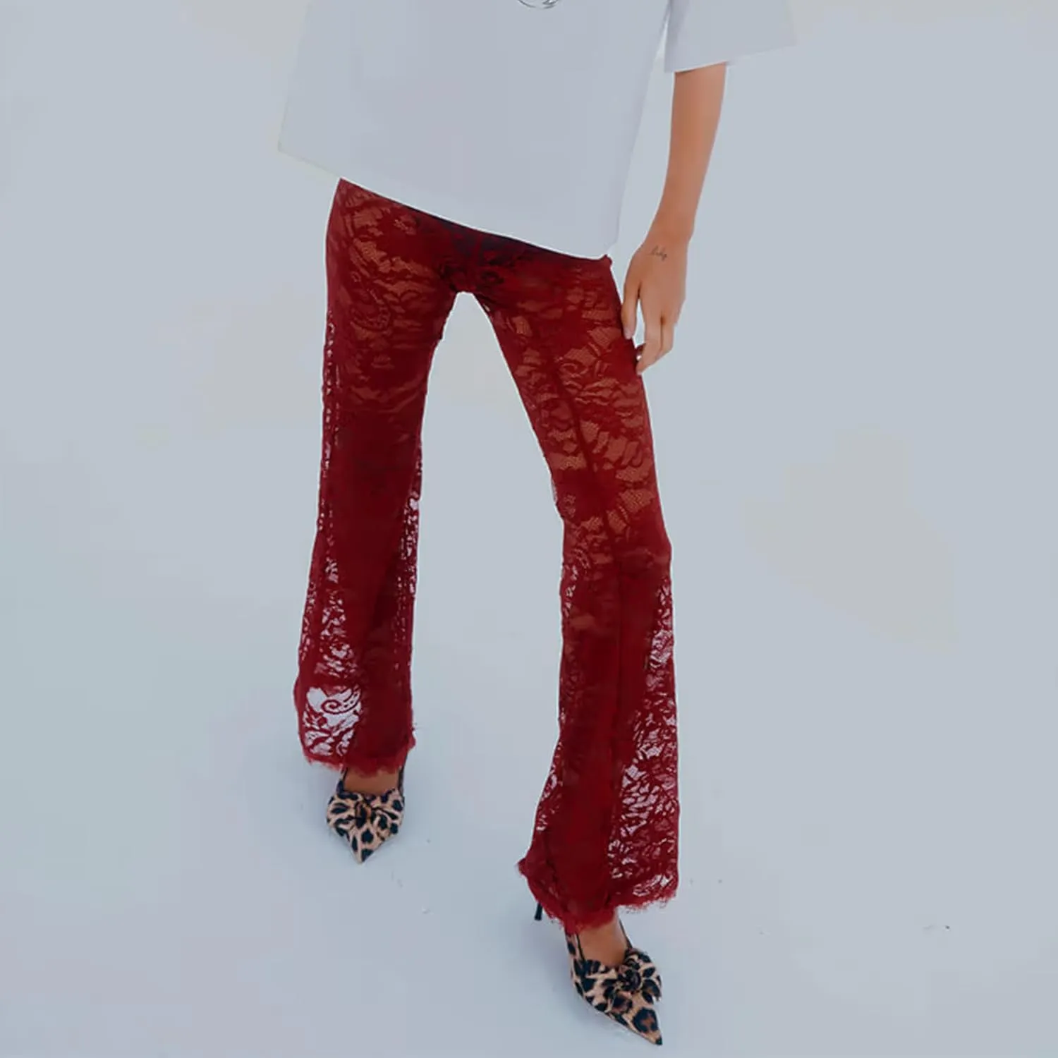 Women Lace Bell Bottom Pants Sexy Floral Lace Pants High Waist See Through Sheer Mesh Leggings Trousers