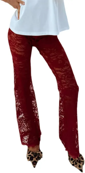 Women Lace Bell Bottom Pants Sexy Floral Lace Pants High Waist See Through Sheer Mesh Leggings Trousers