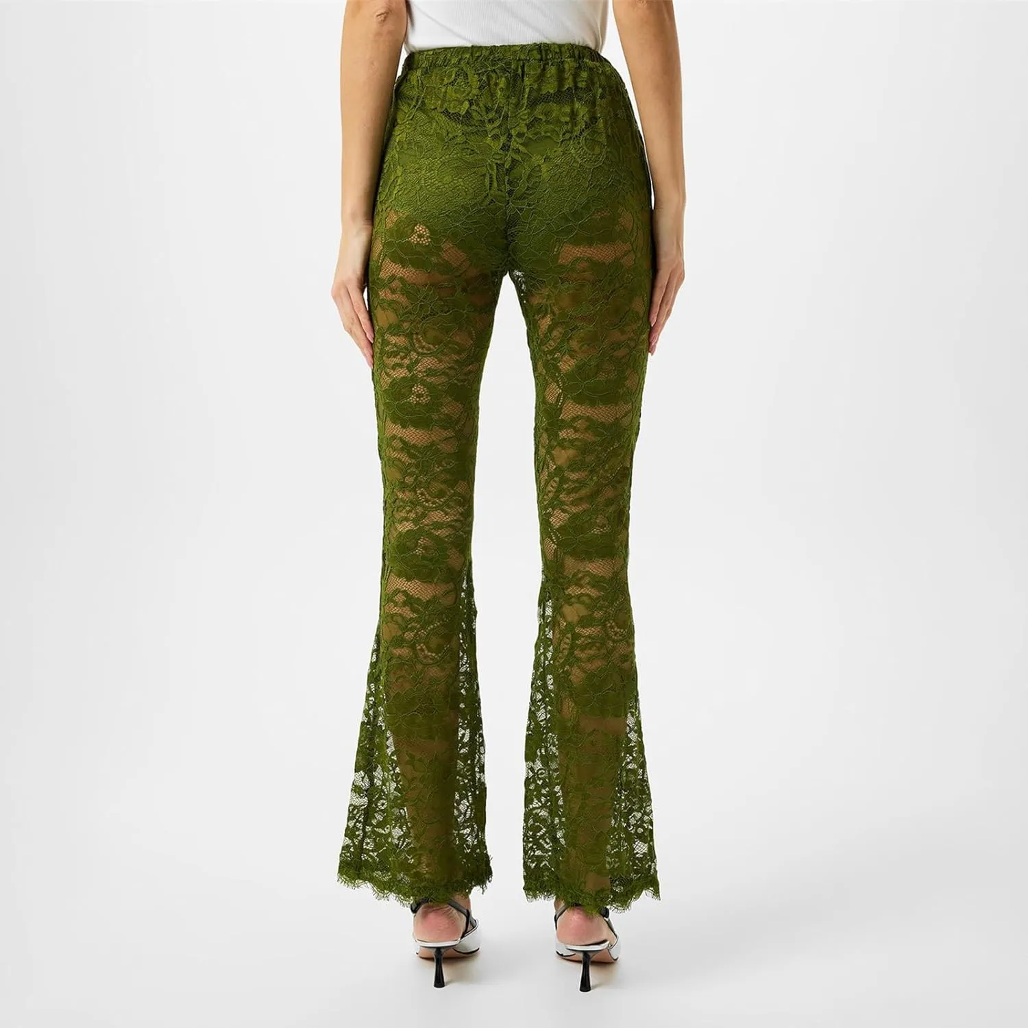 Women Lace Bell Bottom Pants Sexy Floral Lace Pants High Waist See Through Sheer Mesh Leggings Trousers