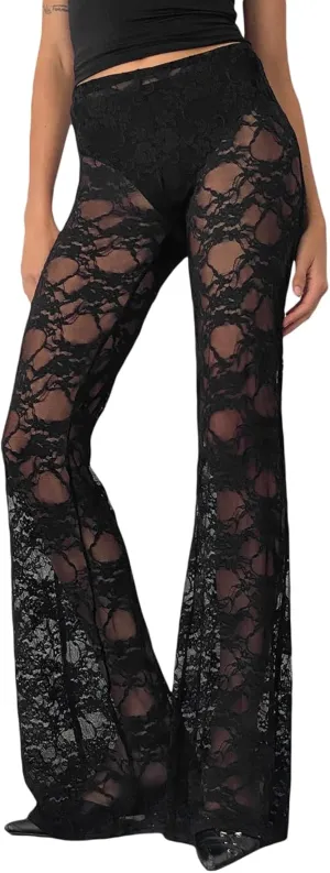 Women Lace Bell Bottom Pants Sexy Floral Lace Pants High Waist See Through Sheer Mesh Leggings Trousers