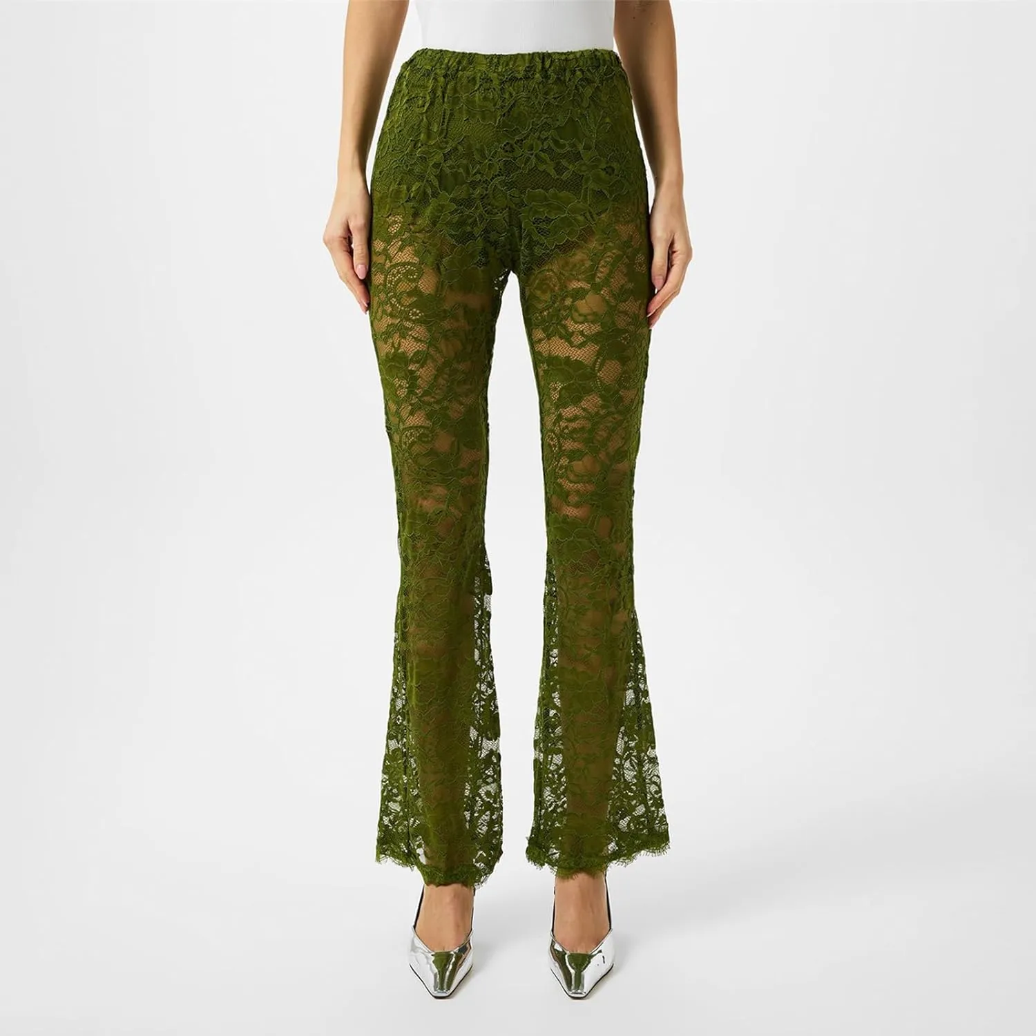 Women Lace Bell Bottom Pants Sexy Floral Lace Pants High Waist See Through Sheer Mesh Leggings Trousers