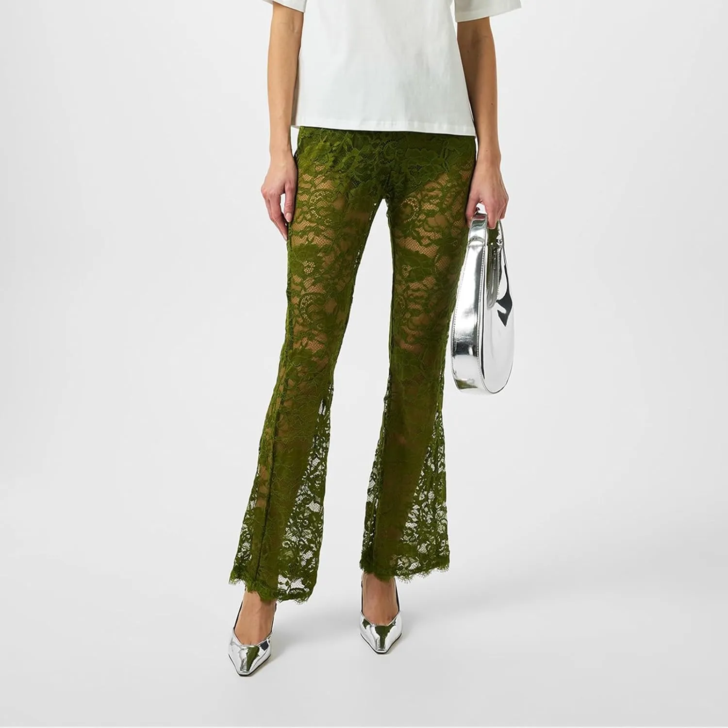 Women Lace Bell Bottom Pants Sexy Floral Lace Pants High Waist See Through Sheer Mesh Leggings Trousers