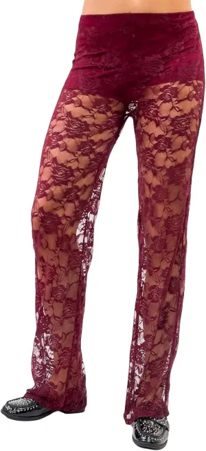 Women Lace Bell Bottom Pants Sexy Floral Lace Pants High Waist See Through Sheer Mesh Leggings Trousers