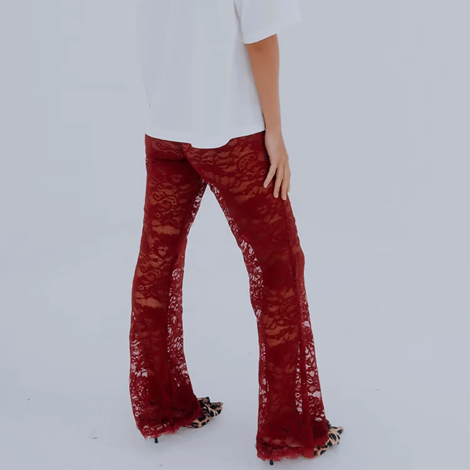 Women Lace Bell Bottom Pants Sexy Floral Lace Pants High Waist See Through Sheer Mesh Leggings Trousers