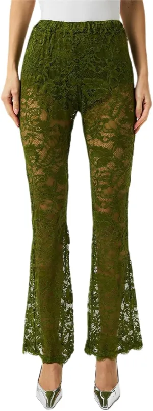 Women Lace Bell Bottom Pants Sexy Floral Lace Pants High Waist See Through Sheer Mesh Leggings Trousers