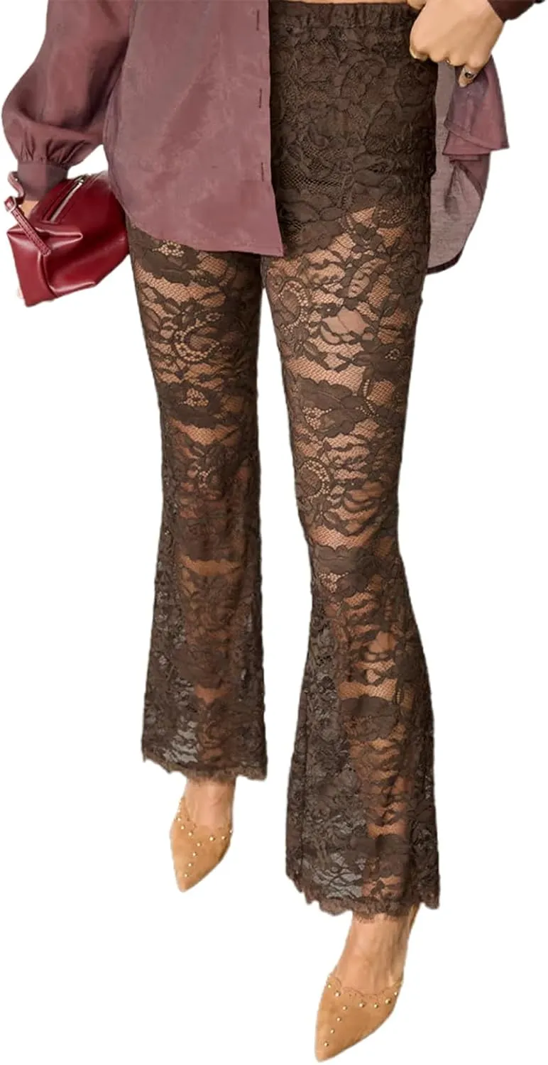 Women Lace Bell Bottom Pants Sexy Floral Lace Pants High Waist See Through Sheer Mesh Leggings Trousers
