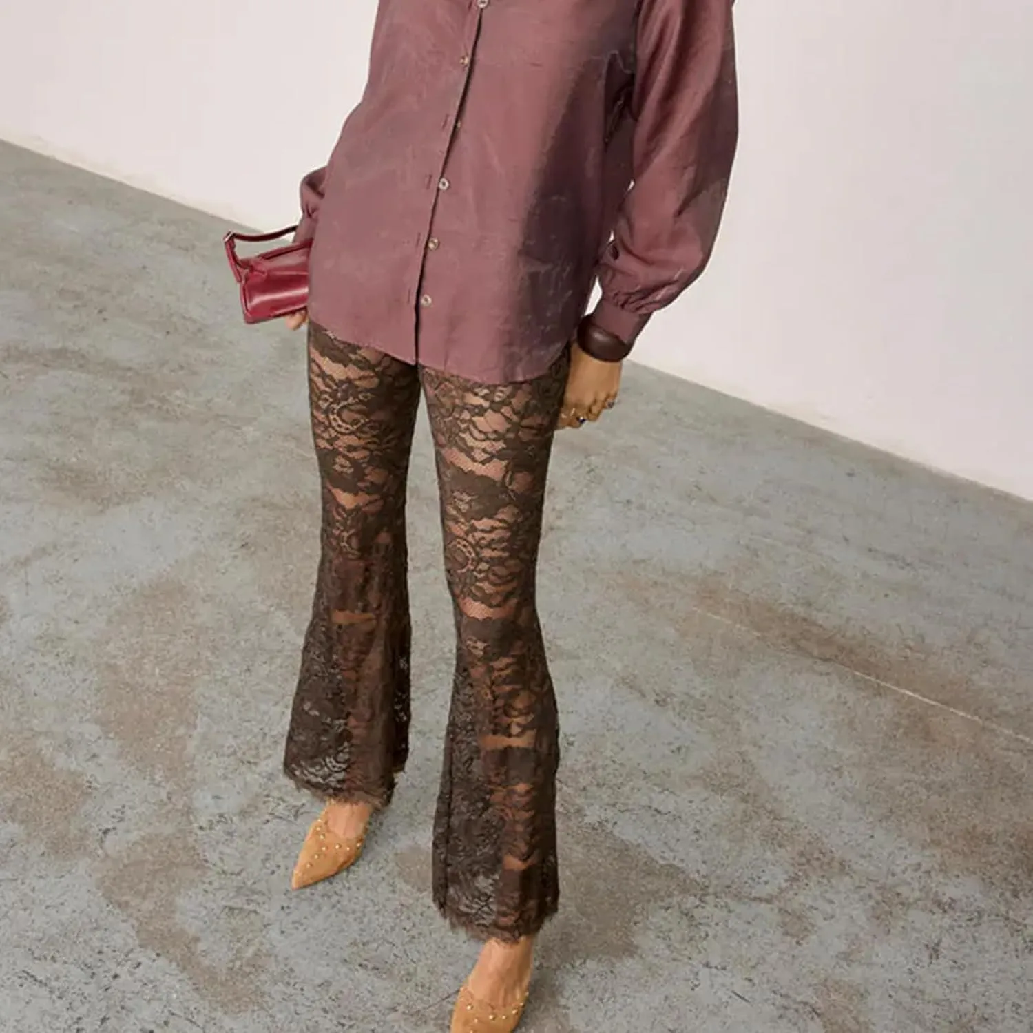 Women Lace Bell Bottom Pants Sexy Floral Lace Pants High Waist See Through Sheer Mesh Leggings Trousers