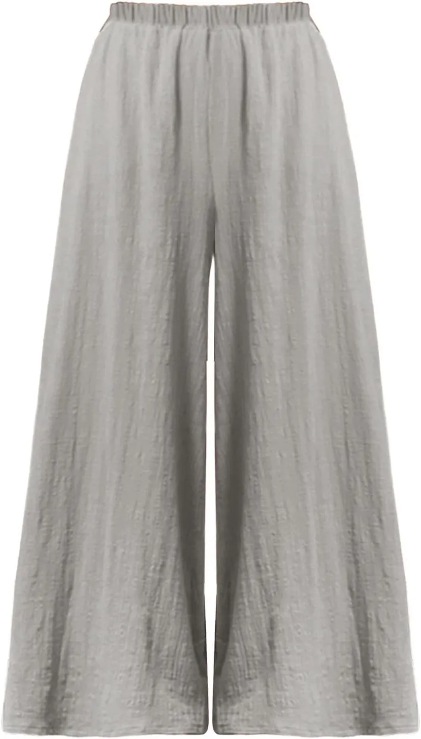 Women Linen Blend Summer Baggy Palazzo Lounge Pants High Waist Ankle Length Slim Fit Palazzo Lounge Pants Travel