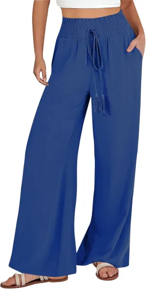 Women Linen Blend Summer Baggy Palazzo Lounge Pants High Waist Ankle Length Slim Fit Palazzo Lounge Pants Travel