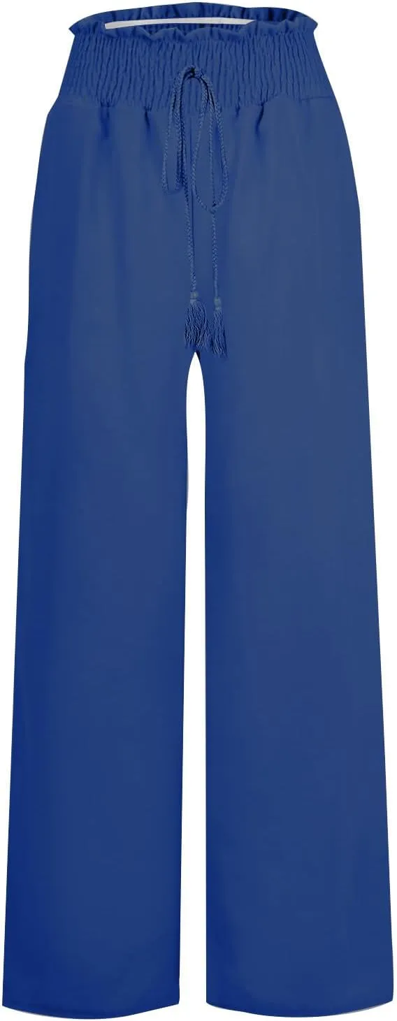 Women Linen Blend Summer Baggy Palazzo Lounge Pants High Waist Ankle Length Slim Fit Palazzo Lounge Pants Travel