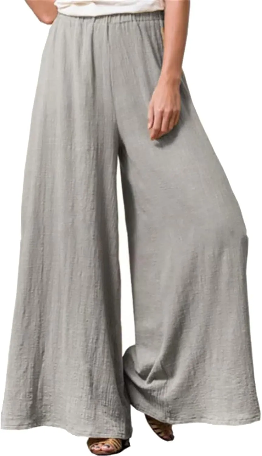 Women Linen Blend Summer Baggy Palazzo Lounge Pants High Waist Ankle Length Slim Fit Palazzo Lounge Pants Travel