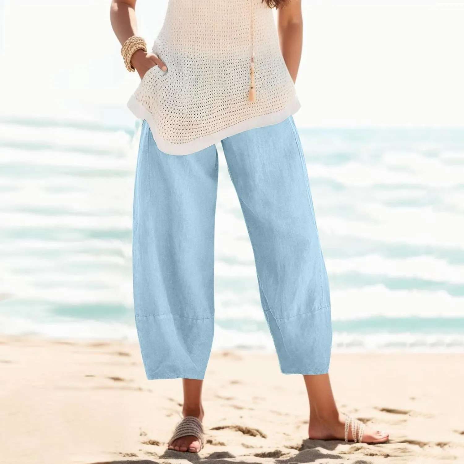Women Linen Blend Summer Casual Palazzo Lounge Pants Elastic Waist Stretchy Slim Fit Palazzo Lounge Pants