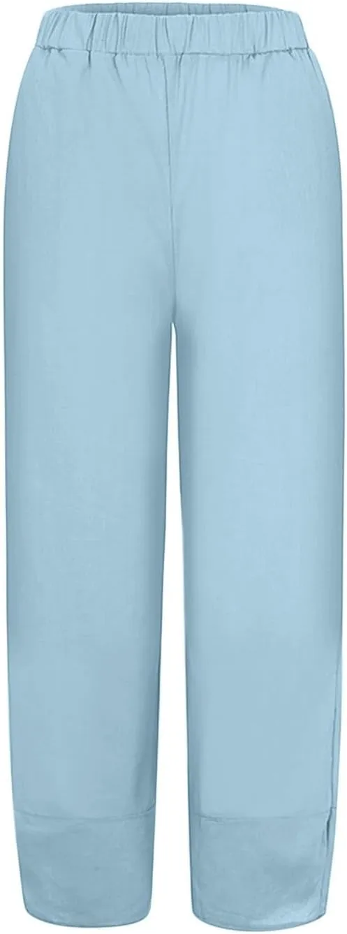 Women Linen Blend Summer Casual Palazzo Lounge Pants Elastic Waist Stretchy Slim Fit Palazzo Lounge Pants