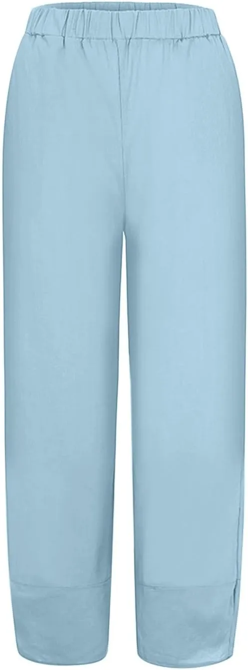 Women Linen Blend Summer Casual Palazzo Lounge Pants Elastic Waist Stretchy Slim Fit Palazzo Lounge Pants