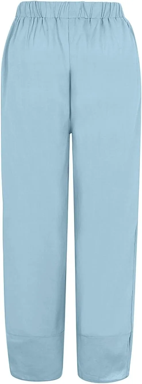 Women Linen Blend Summer Casual Palazzo Lounge Pants Elastic Waist Stretchy Slim Fit Palazzo Lounge Pants