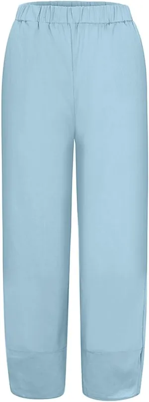 Women Linen Blend Summer Casual Palazzo Lounge Pants Elastic Waist Stretchy Slim Fit Palazzo Lounge Pants