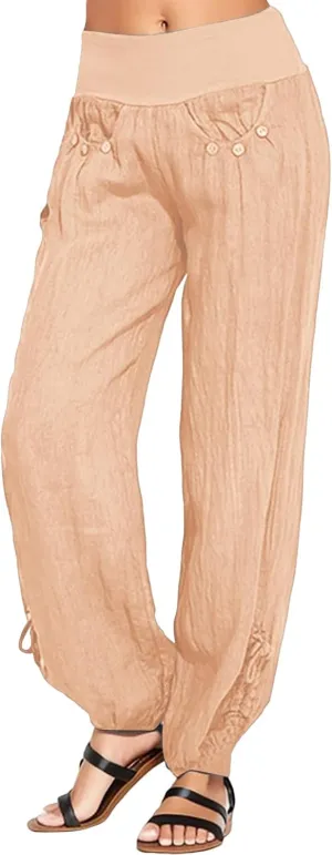 Women Linen Blend Summer Comfy Palazzo Lounge Pants Elastic Waist Lounge Pants Loose Fit Palazzo Pants Beach