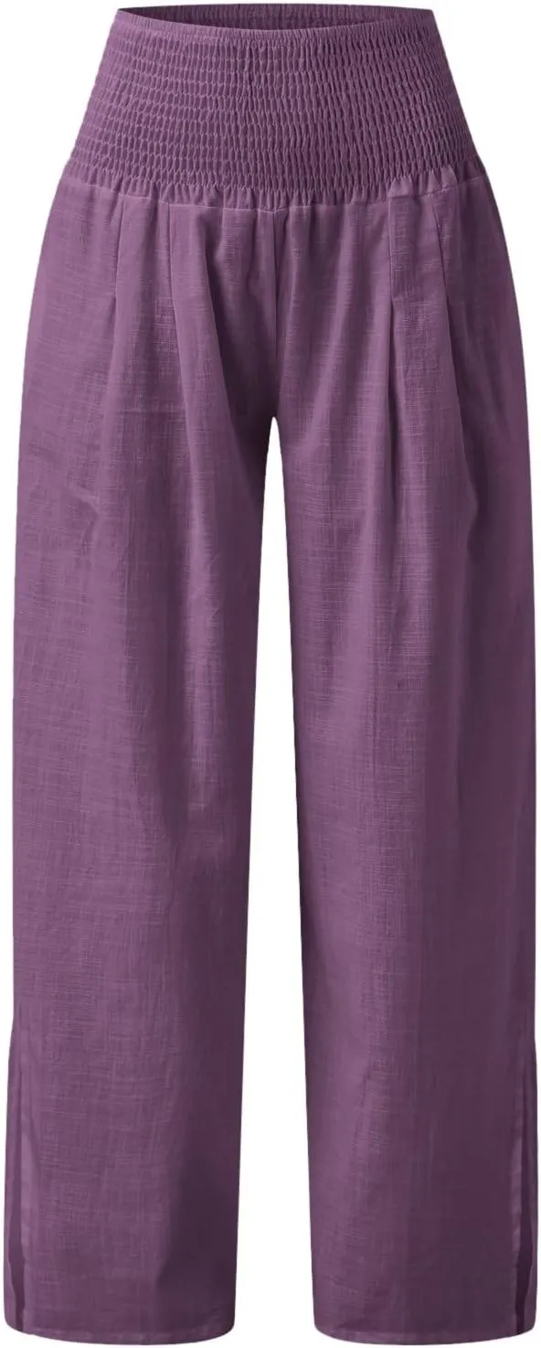 Women Linen Blend Summer Comfy Palazzo Lounge Pants Elastic Waist Lounge Pants Loose Fit Palazzo Pants Beach