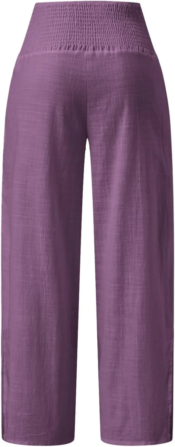 Women Linen Blend Summer Comfy Palazzo Lounge Pants Elastic Waist Lounge Pants Loose Fit Palazzo Pants Beach