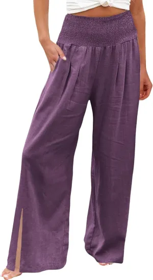 Women Linen Blend Summer Comfy Palazzo Lounge Pants Elastic Waist Lounge Pants Loose Fit Palazzo Pants Beach