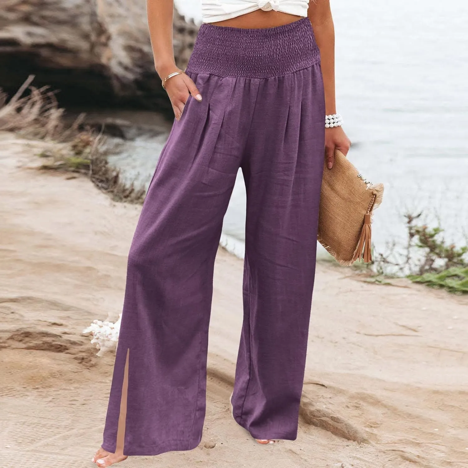Women Linen Blend Summer Comfy Palazzo Lounge Pants Elastic Waist Lounge Pants Loose Fit Palazzo Pants Beach
