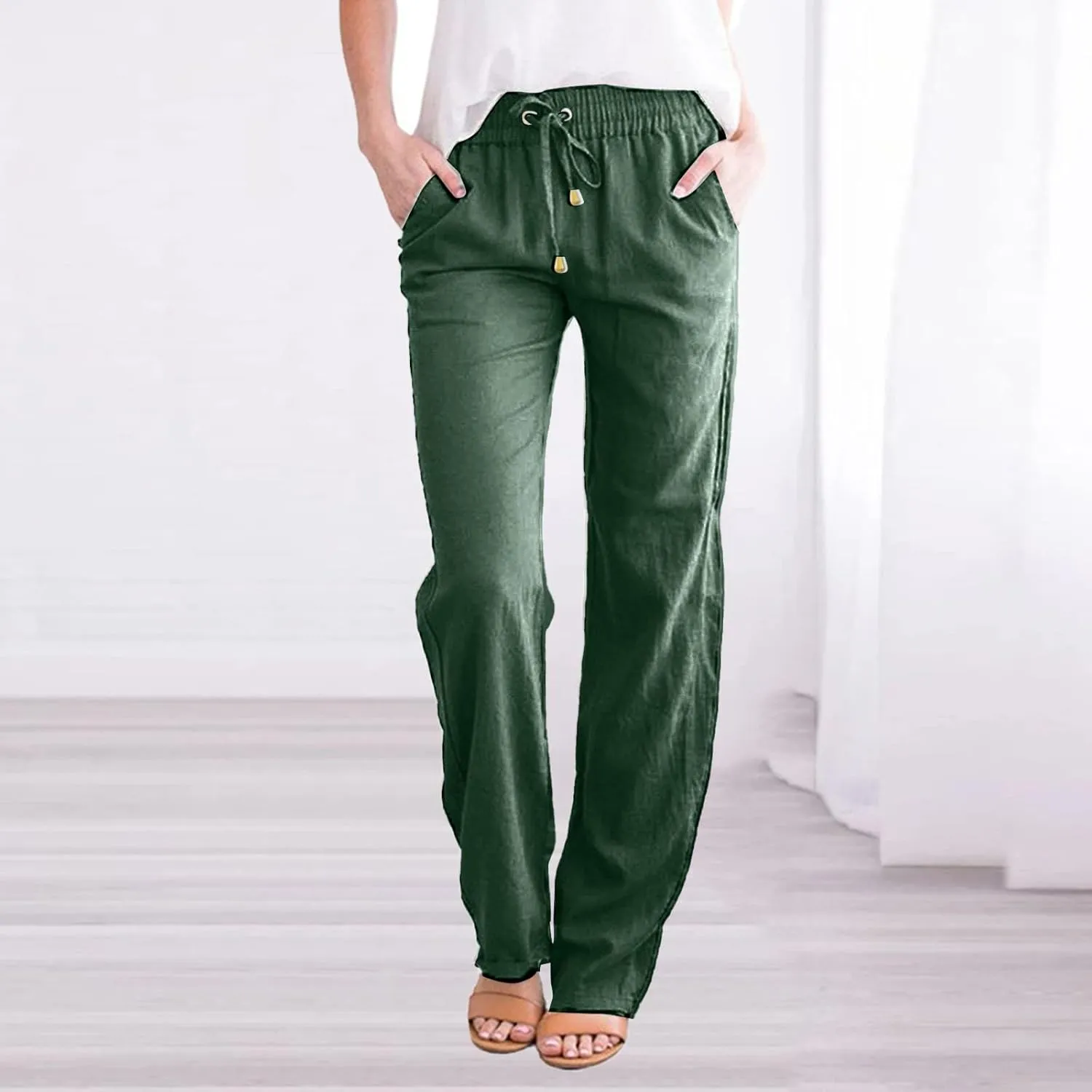 Women Linen Blend Summer Drawstring Palazzo Lounge Pants Low Waist Ankle Length Plus Size Pant Trousers Trendy