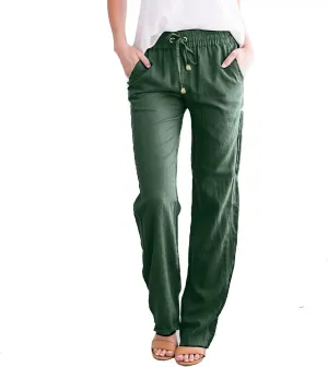 Women Linen Blend Summer Drawstring Palazzo Lounge Pants Low Waist Ankle Length Plus Size Pant Trousers Trendy