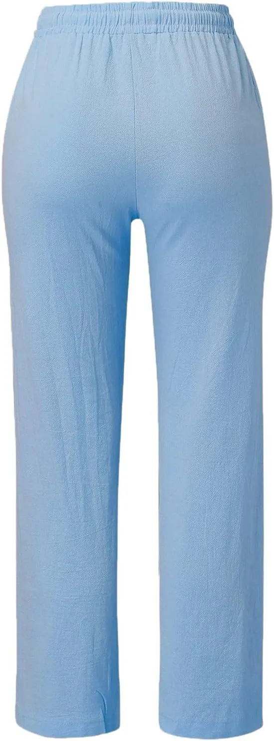 Women Linen Blend Summer Floral Palazzo Lounge Pants Low Waist Wide Leg Slim-Fit Palazzo Lounge Pants Vacation